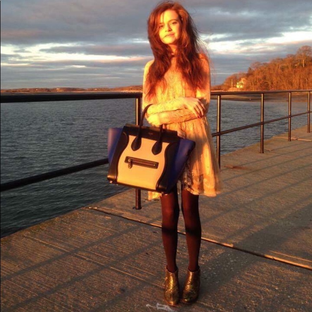 Celine tricolor tote in blue and beige.